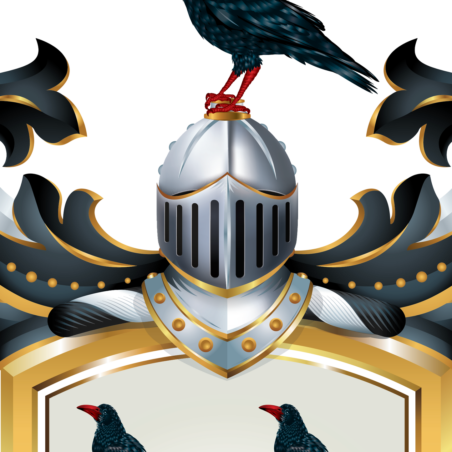 A detail from Thomas Family Crest, ecorative design with a knight's helmet, shield, and crows on a white background