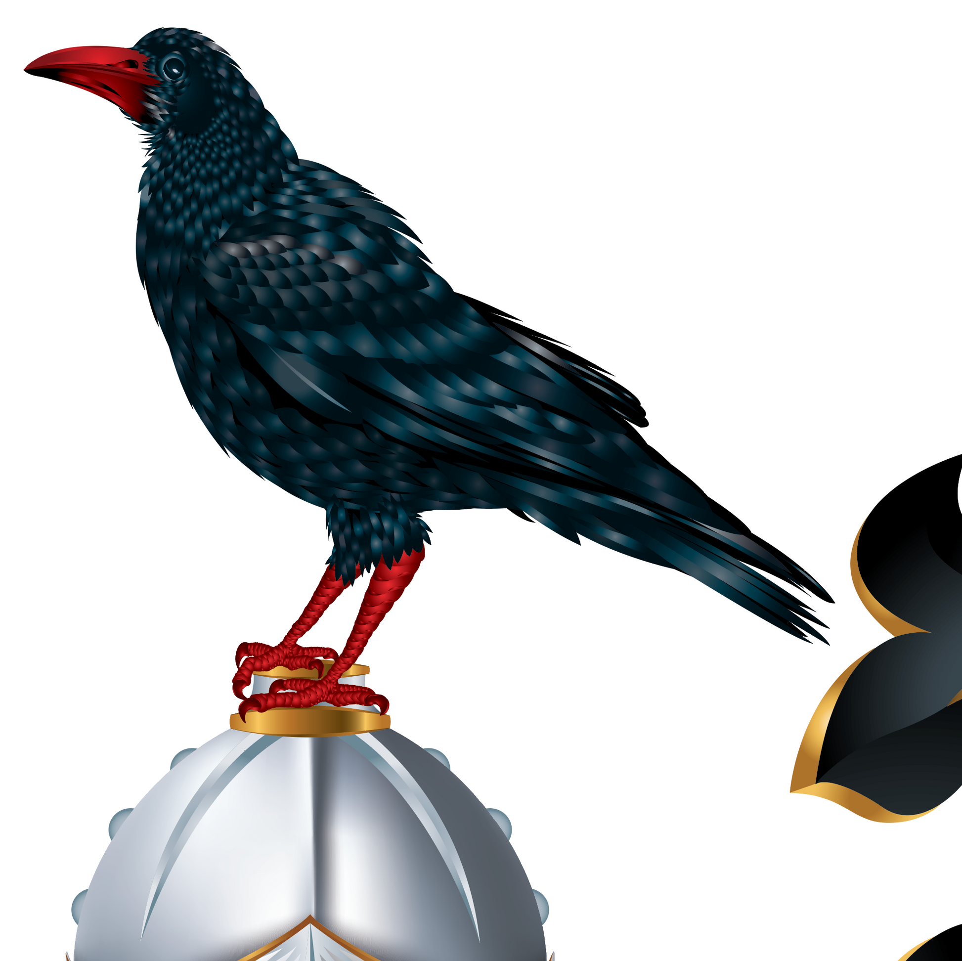 A detail from Thomas Family Crest beer glass, Black crow with red beak and feet perched on a silver helmet with a black and gold mantling section