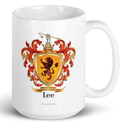 A white mug with the anglo norman Lee Family Crest mug with hand holding a broken arrow
