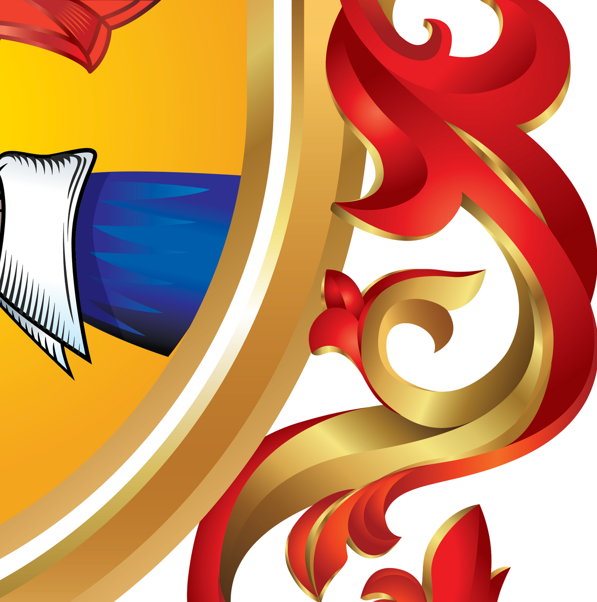 A close-up graphic of a heraldic shield or crest with a yellow field, a blue and white sleeve, and ornate red and gold scrollwork on a white background.