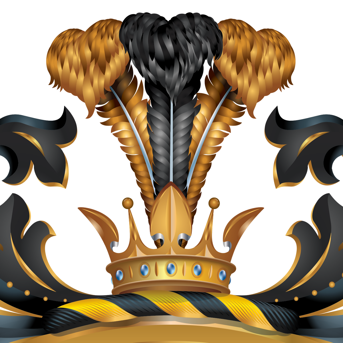 Closeup detailed view of featuring a gold crown adorned with blue gems, topped with three feather plumes in black and gold, flanked by ornate black and gold mantling on a white background.