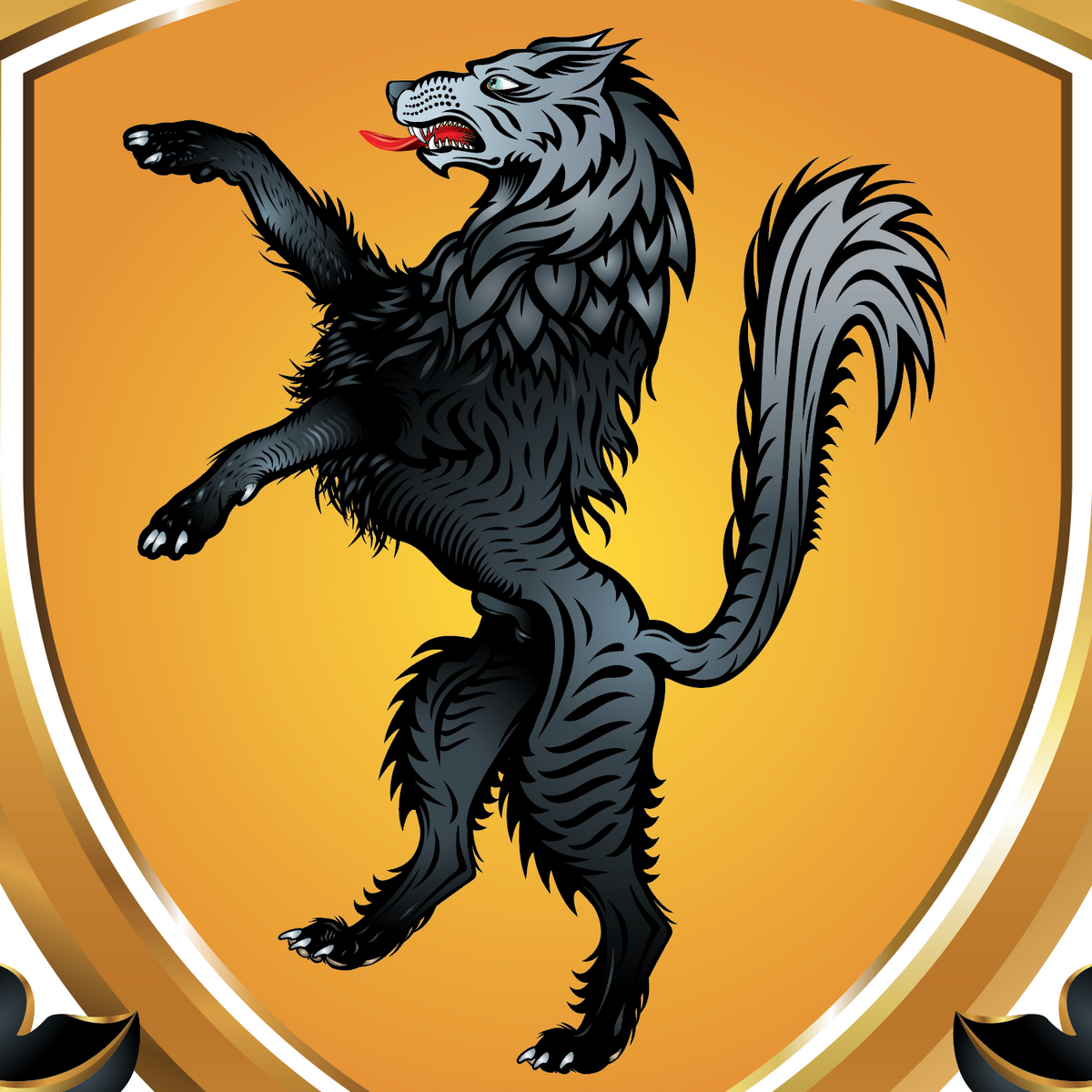 closeup detailed view of black abd grey wolf on a gold shield