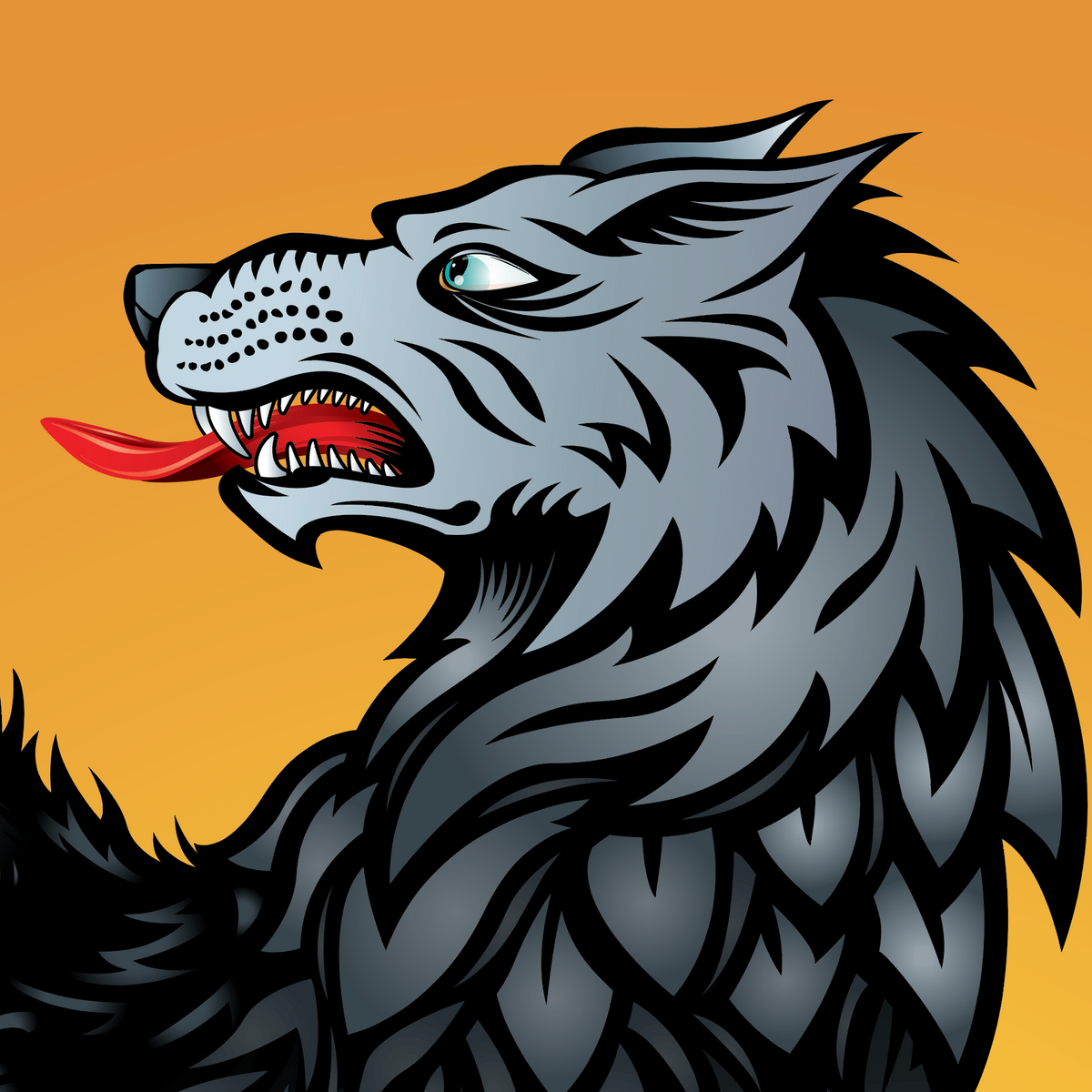closeup detailed view of a snarling gray wolf with a red tongue and green eye, set against a golden background.