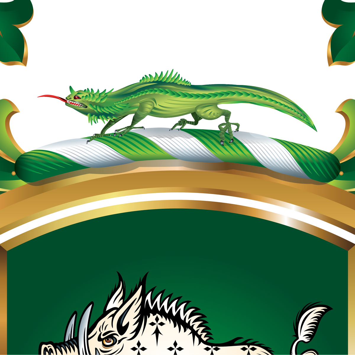 A stylized green lizard perched on a striped green-and-white crest above a dark green field with a white boar illustration and gold border details.