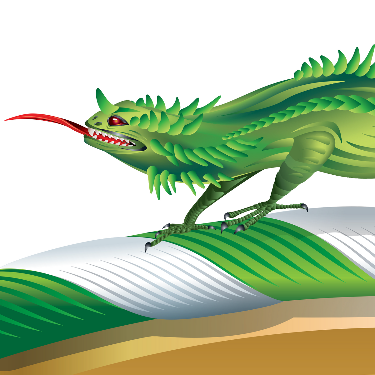A stylised green lizard with a long red tongue and sharp teeth, shown in profile on the wreath of a family crest