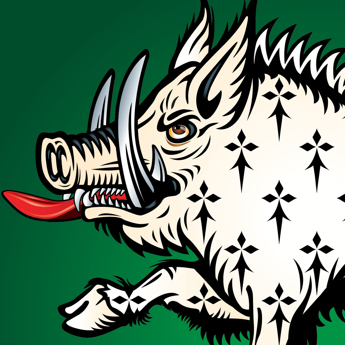 A closeup of an illustrated boar with large tusks, a red tongue, and black ermine pattern on a white body, set against a solid green background.