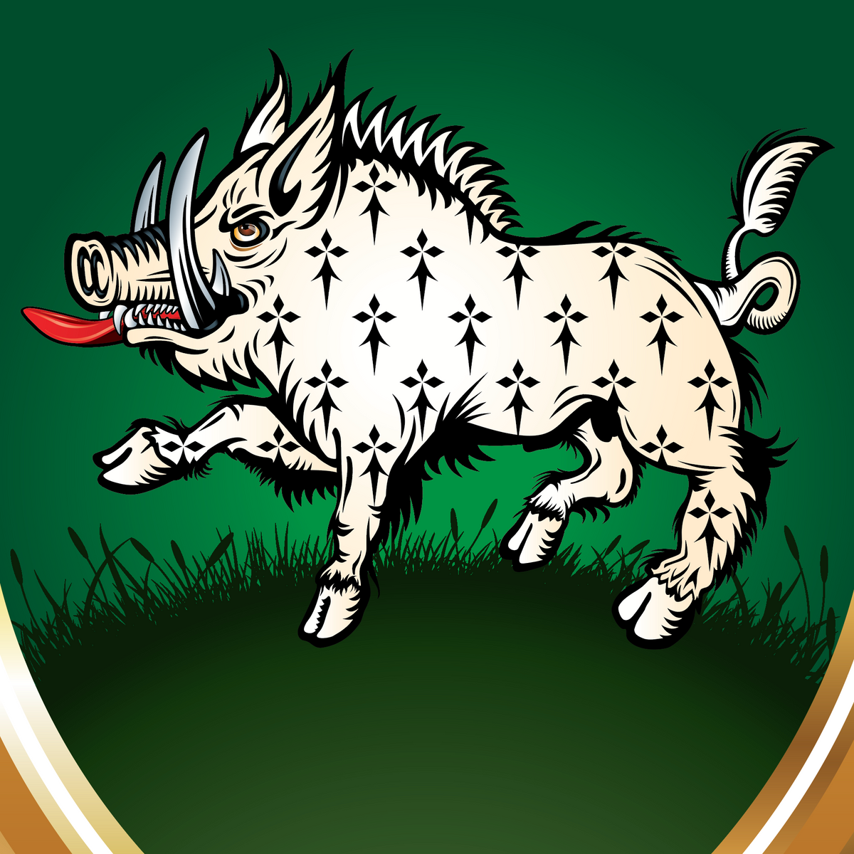 A stylized illustration of a white boar with black ermine markings and a red tongue, set against a dark green background with grass at the bottom.