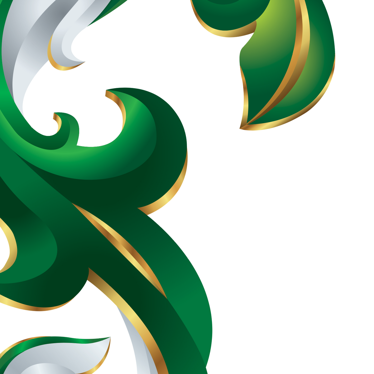 A close up of the detailed gold rimmed green and white mantling of the coat of arms on a plain white background.