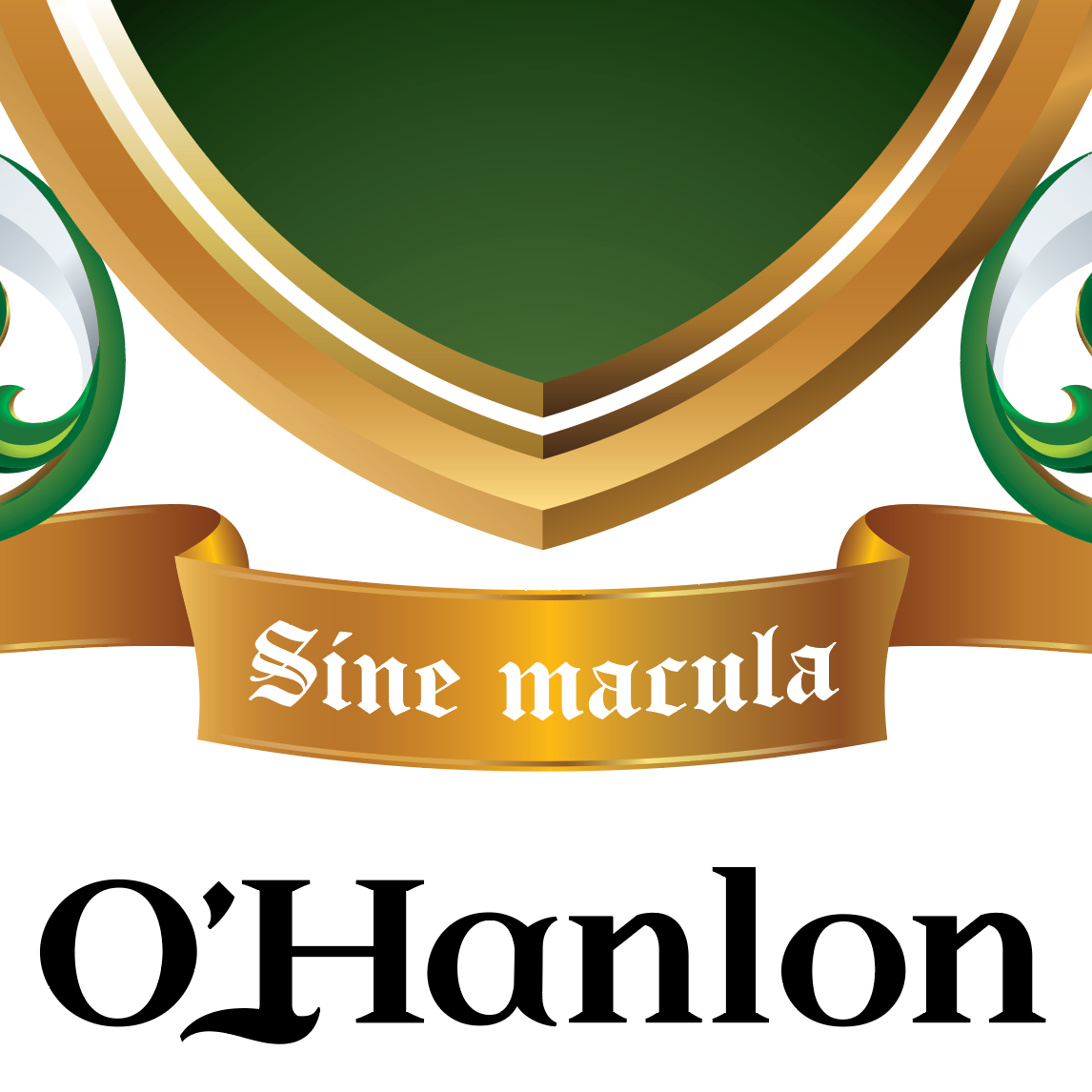 A close up of the O'Hanlon family crest with a gold motto ribbon reading 'Sine macula', and the word 'O'Hanlon' in black below on a white background.
