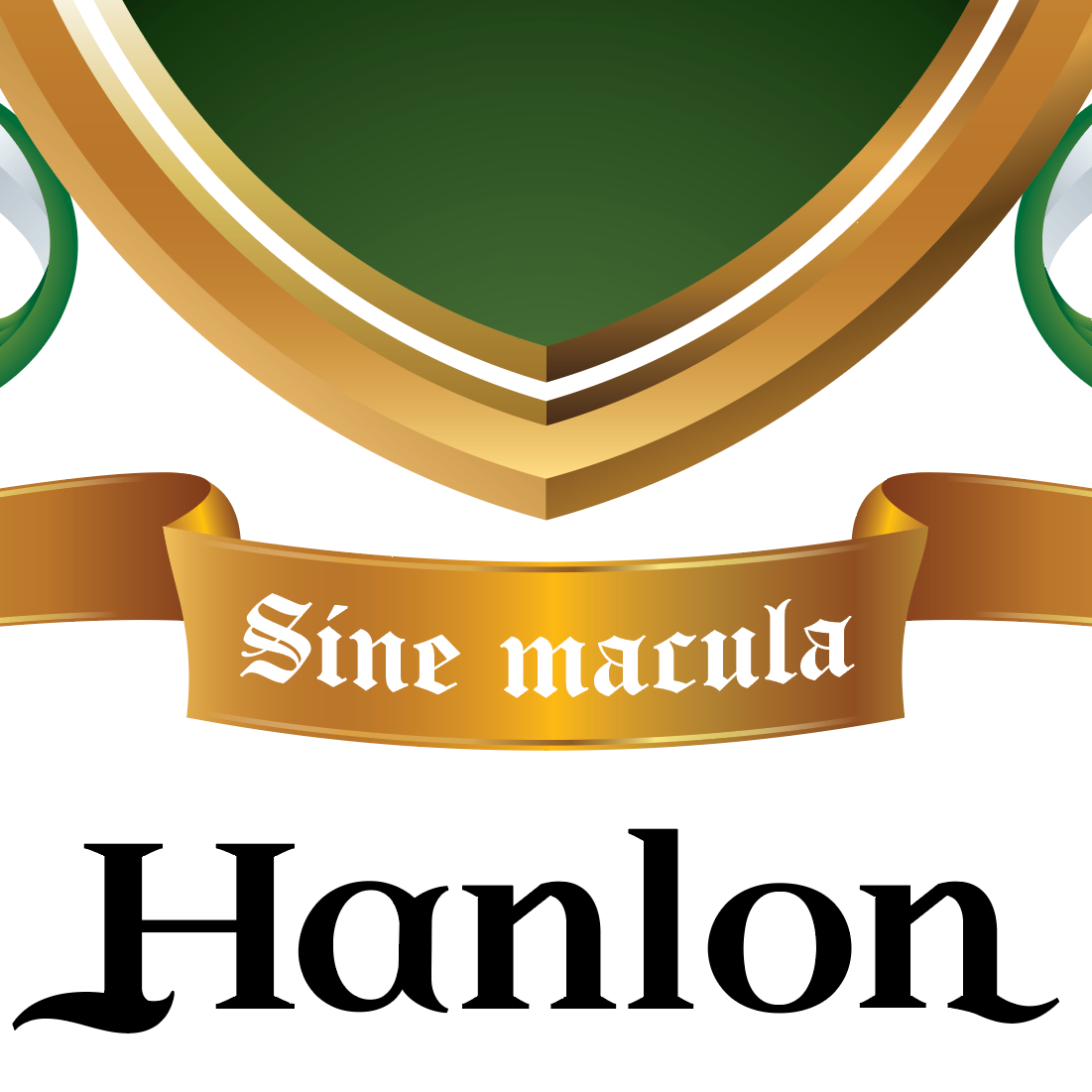 A close up of a family crest featuring a gold motto ribbon banner reading 'Sine macula' and the brand name 'Hanlon' in black serif font below, all on a solid white background.