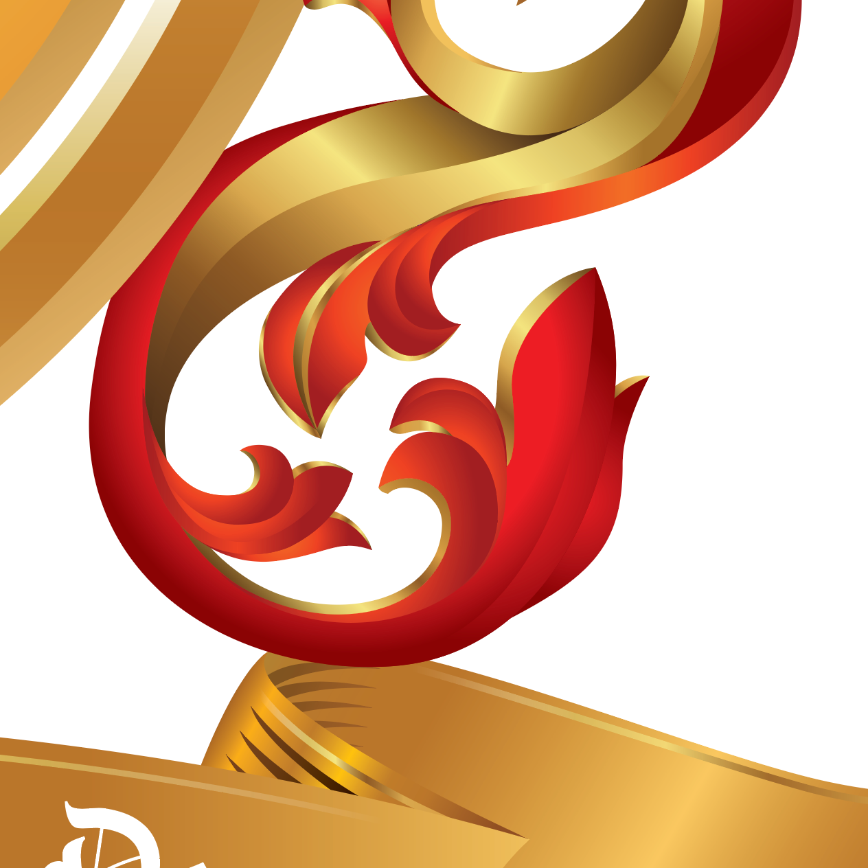 A close-up decorative red and gold mantling on a white background.