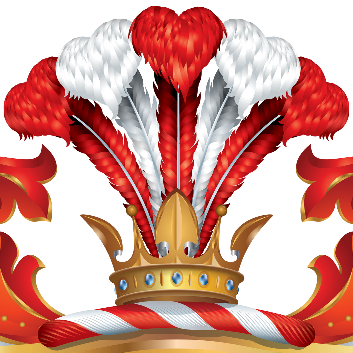 A heraldic crest-style emblem featuring a gold crown, red and white feathers, red scrollwork, and a striped red-and-white ribbon on a white background.