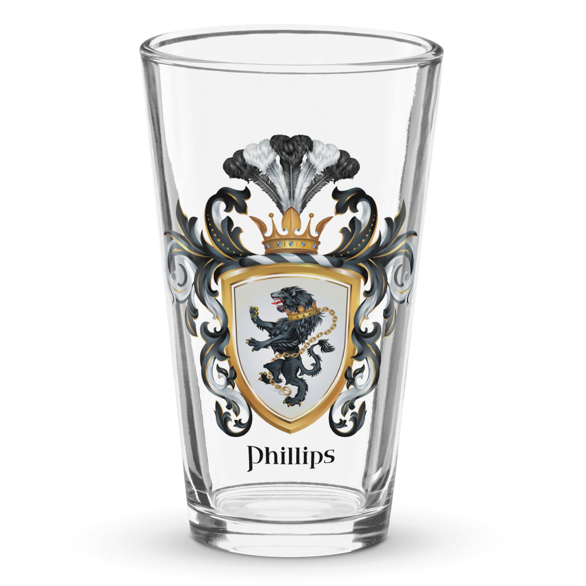 A clear classic pint beer glass on a white background, printed with the Phillips coat of arms with a black lion with a chain on a white shield.
