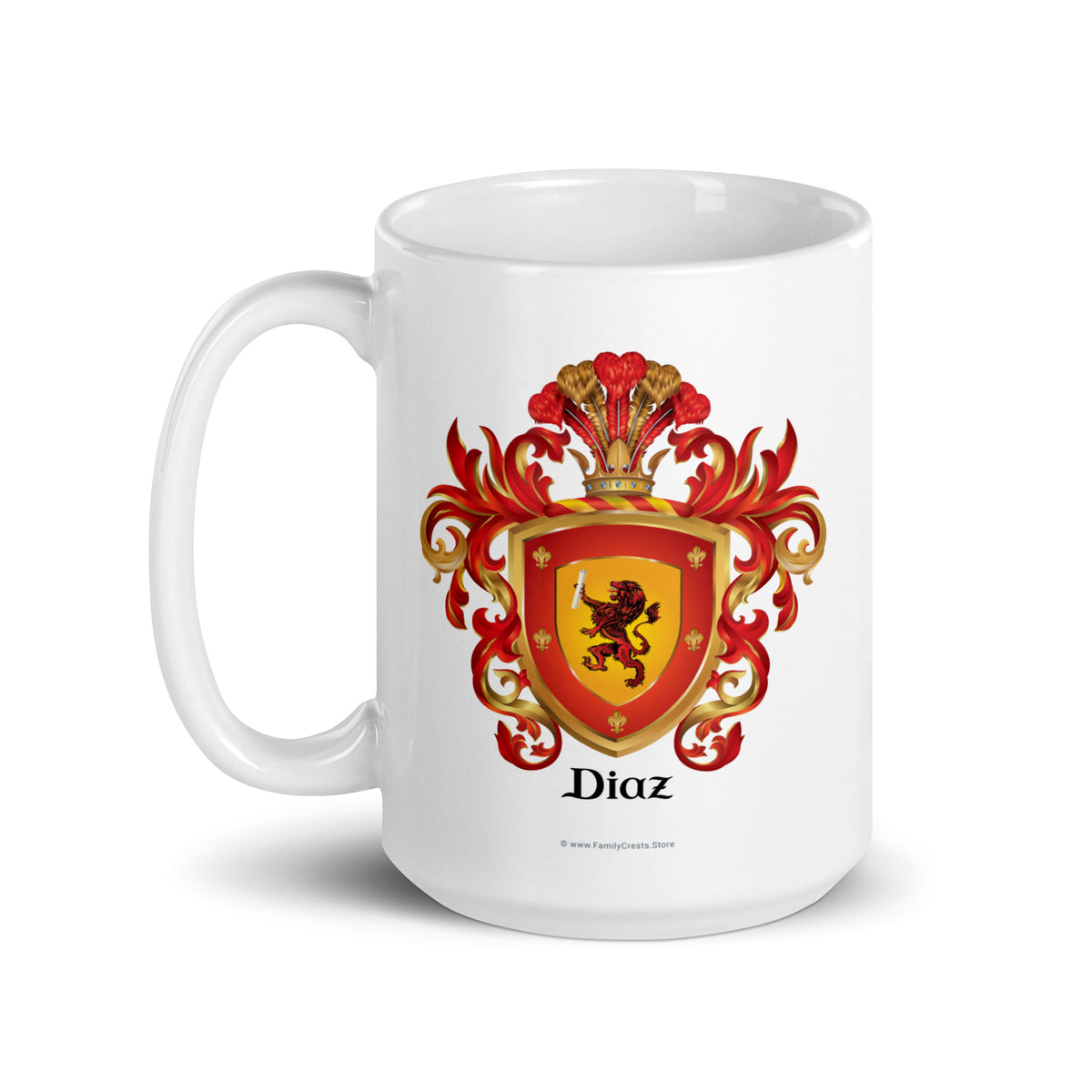 A white mug on a white background, printed with the Diaz Family Crest featuring a red lion on a gold shield with gold fleur on a red band around it. The handle of the mug to the left.
