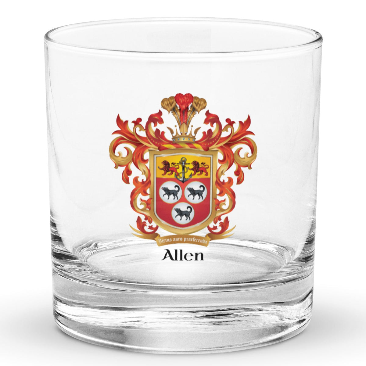 A classic heavy base rocks glass with the Allen Family Crest with 3 wolves, 2 lions and an anchor.