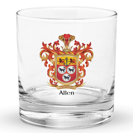 A classic heavy base rocks glass with the Allen Family Crest with 3 wolves, 2 lions and an anchor.