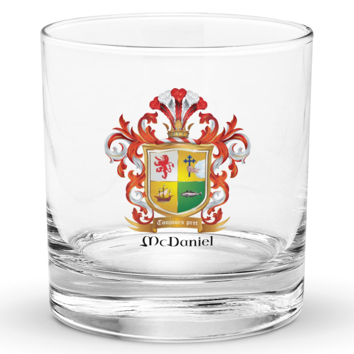 McDaniel Family Crest on a classic Rocks Glass-Family with a heavy base