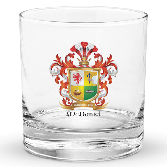 McDaniel Family Crest on a classic Rocks Glass-Family with a heavy base