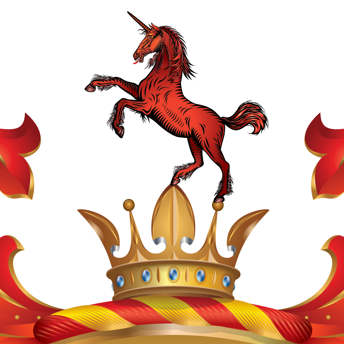 Heraldic illustration of a red unicorn on a crown