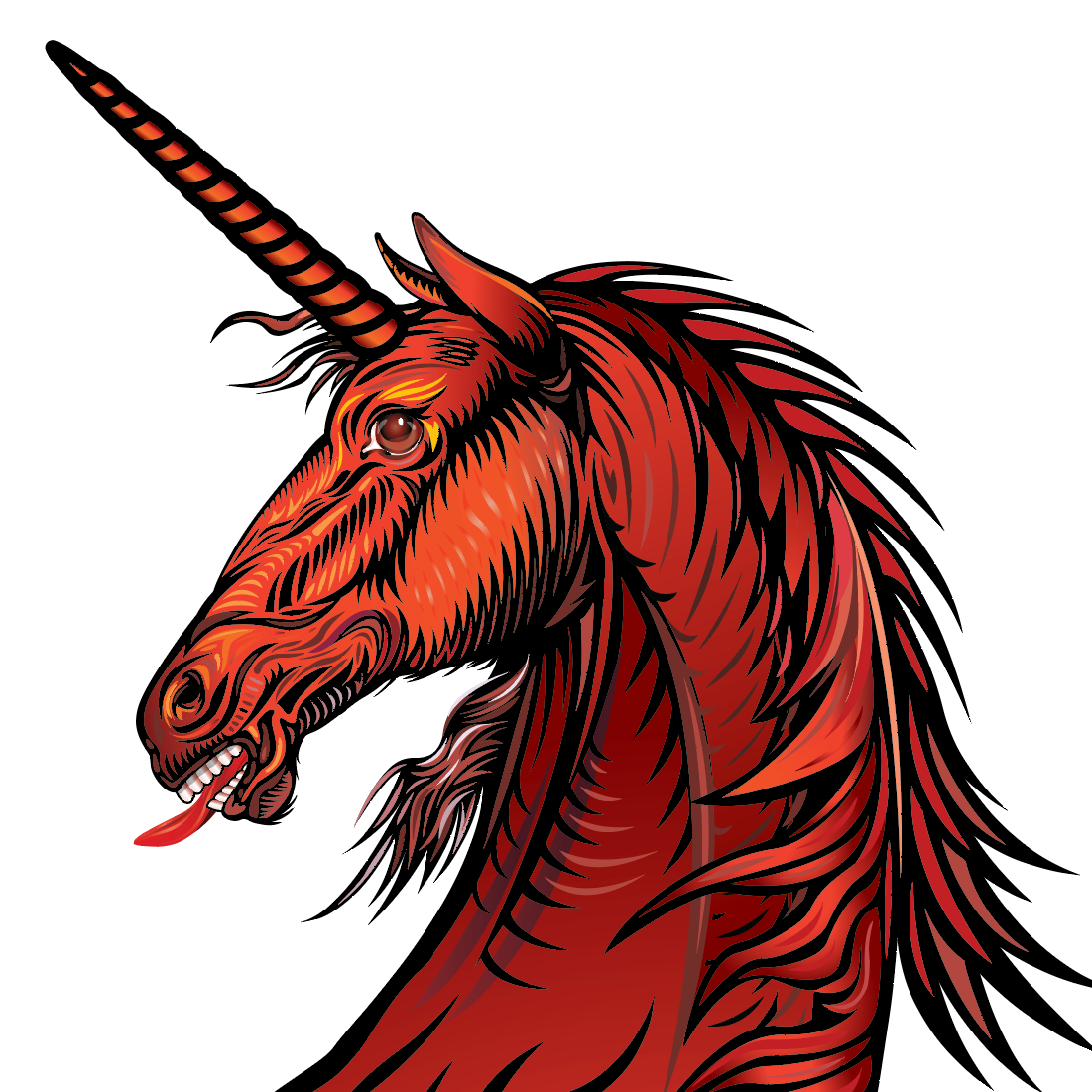 A red unicorn head heraldic illustration with black outlines on a plain white background.