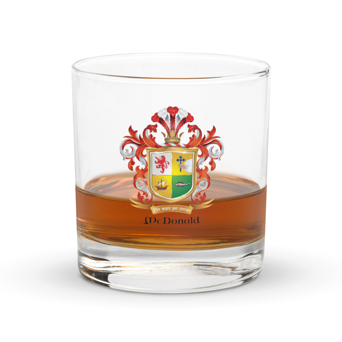 McDonald Family Crest rocks whiskey half full glass on white background
