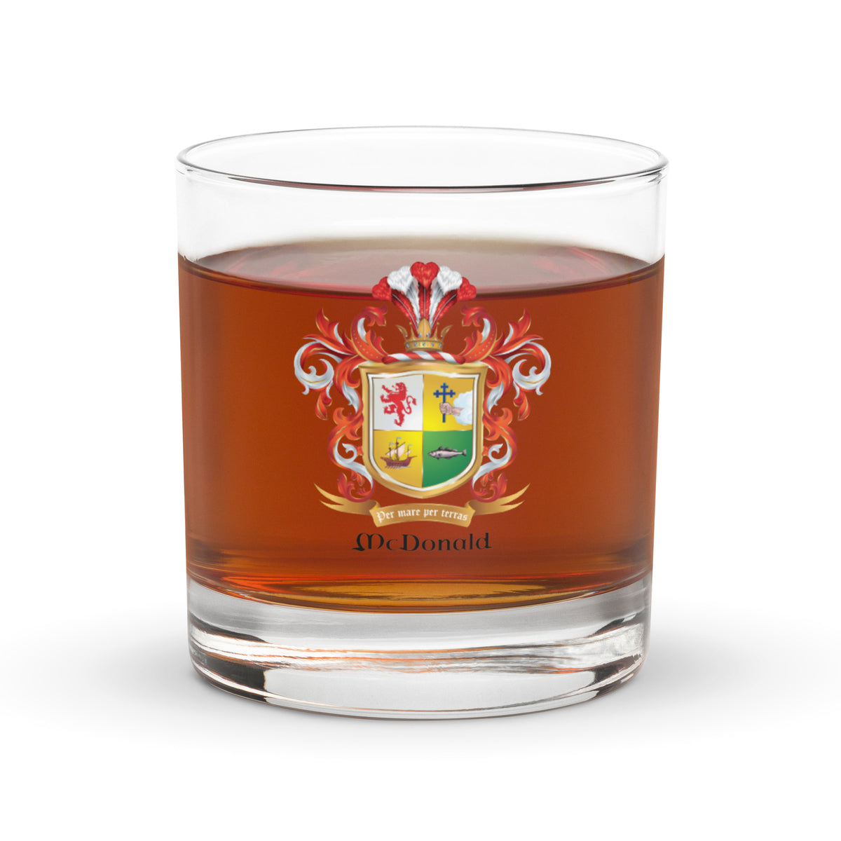 McDonald Family Crest rocks whiskey glass on white background