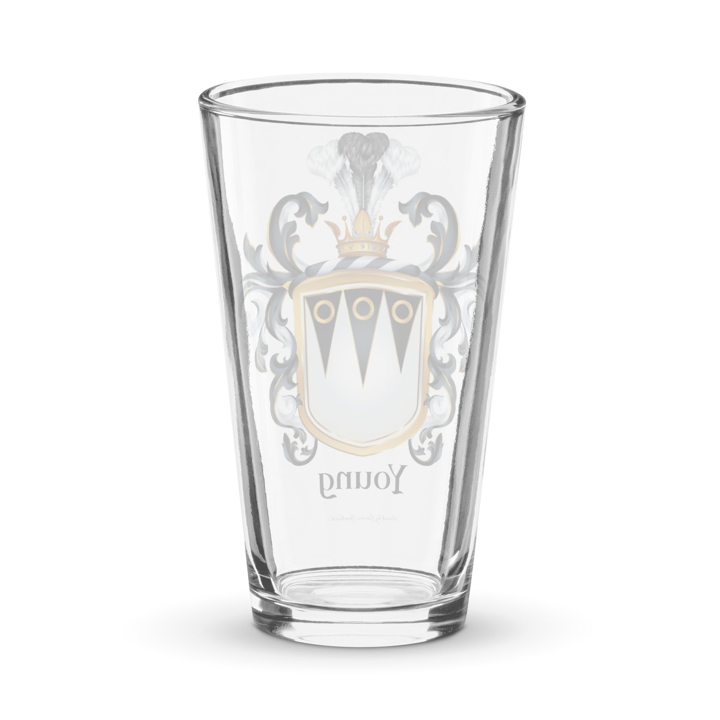 Clear pint glass featuring the Young family coat of arms, detailed heraldic mantling, and a crown crest in elegant colours.