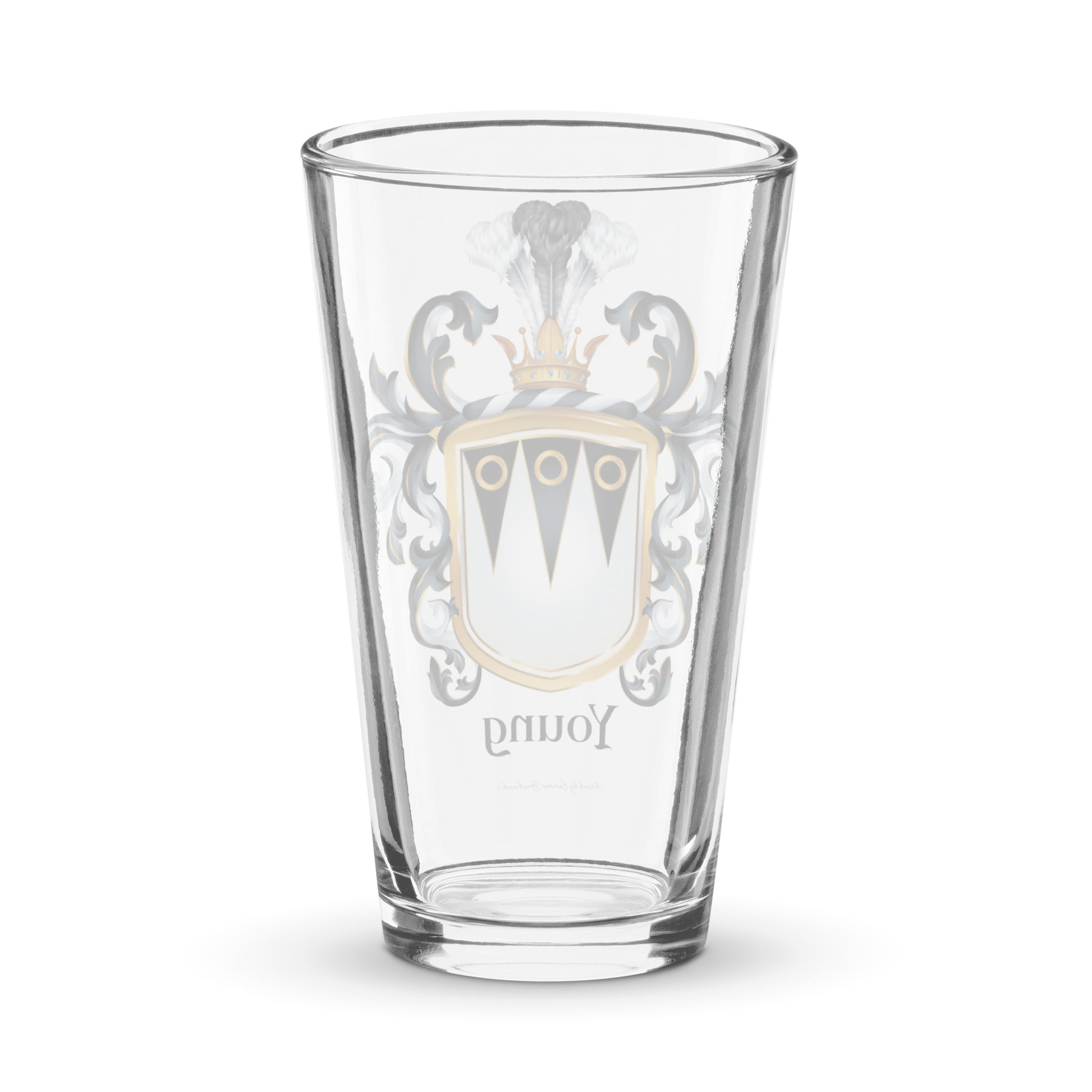 Clear pint glass featuring the Young family coat of arms, detailed heraldic mantling, and a crown crest in elegant colours.