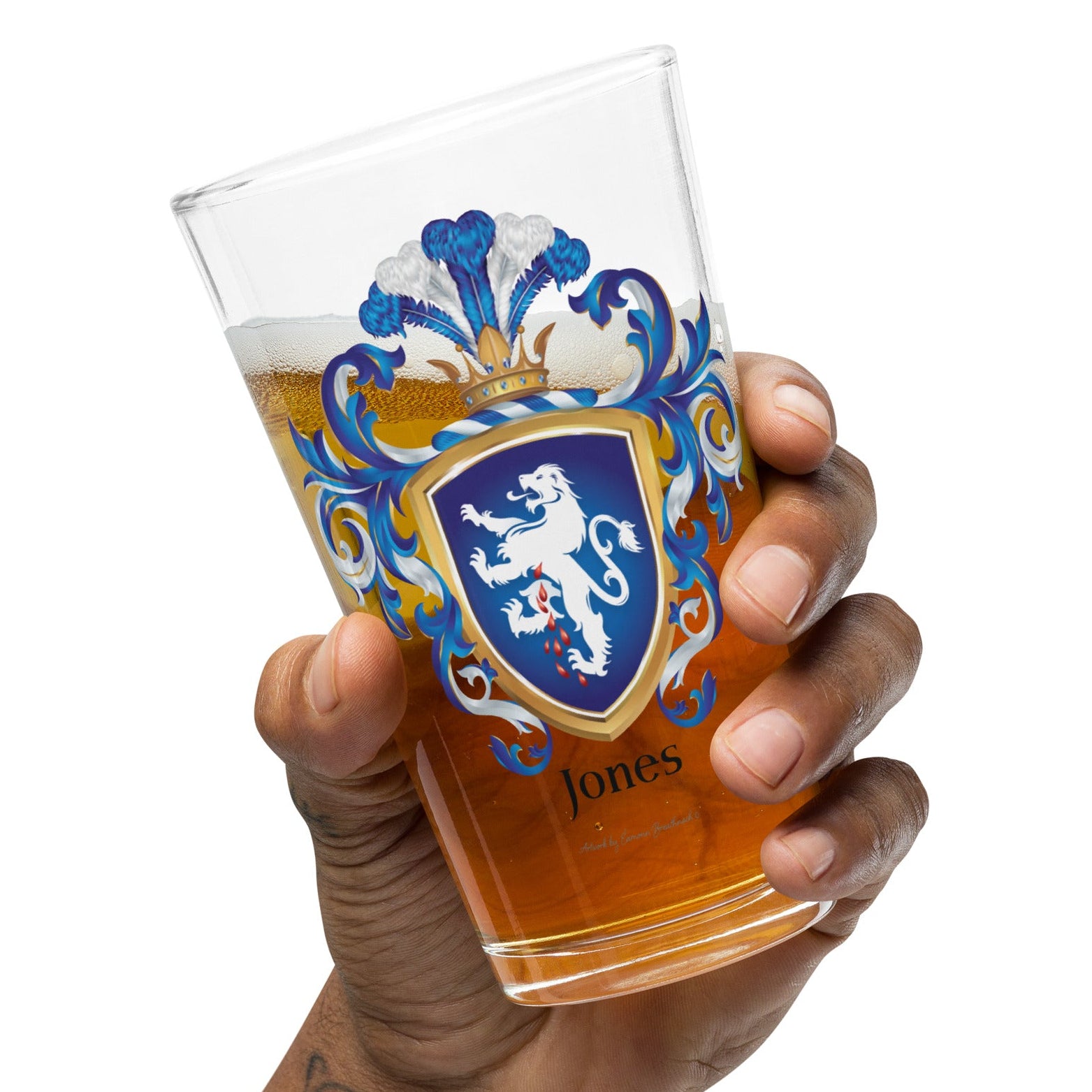 Jones Family Crest pint glass in hand. 