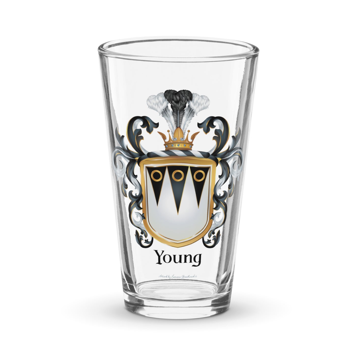 Clear beer glass featuring the Young English coat of arms, ornate black and silver mantling, and a gold coronet crest.