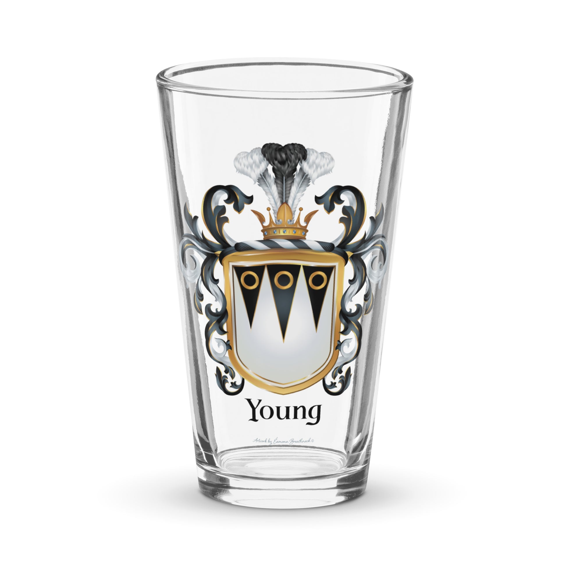 Clear beer glass featuring the Young English coat of arms, ornate black and silver mantling, and a gold coronet crest.