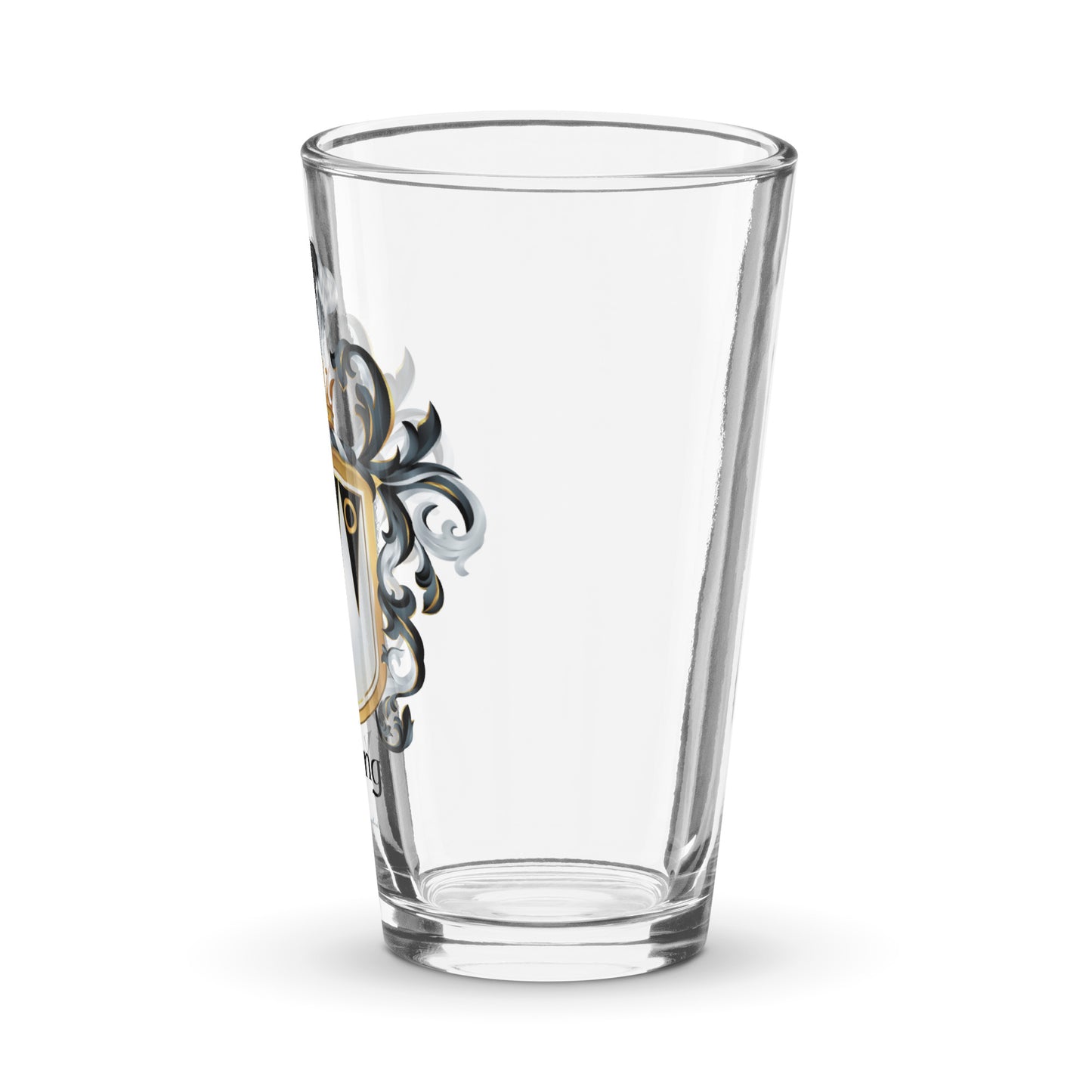 Clear pint glass featuring the Young family coat of arms with detailed heraldic mantling and gold accents.