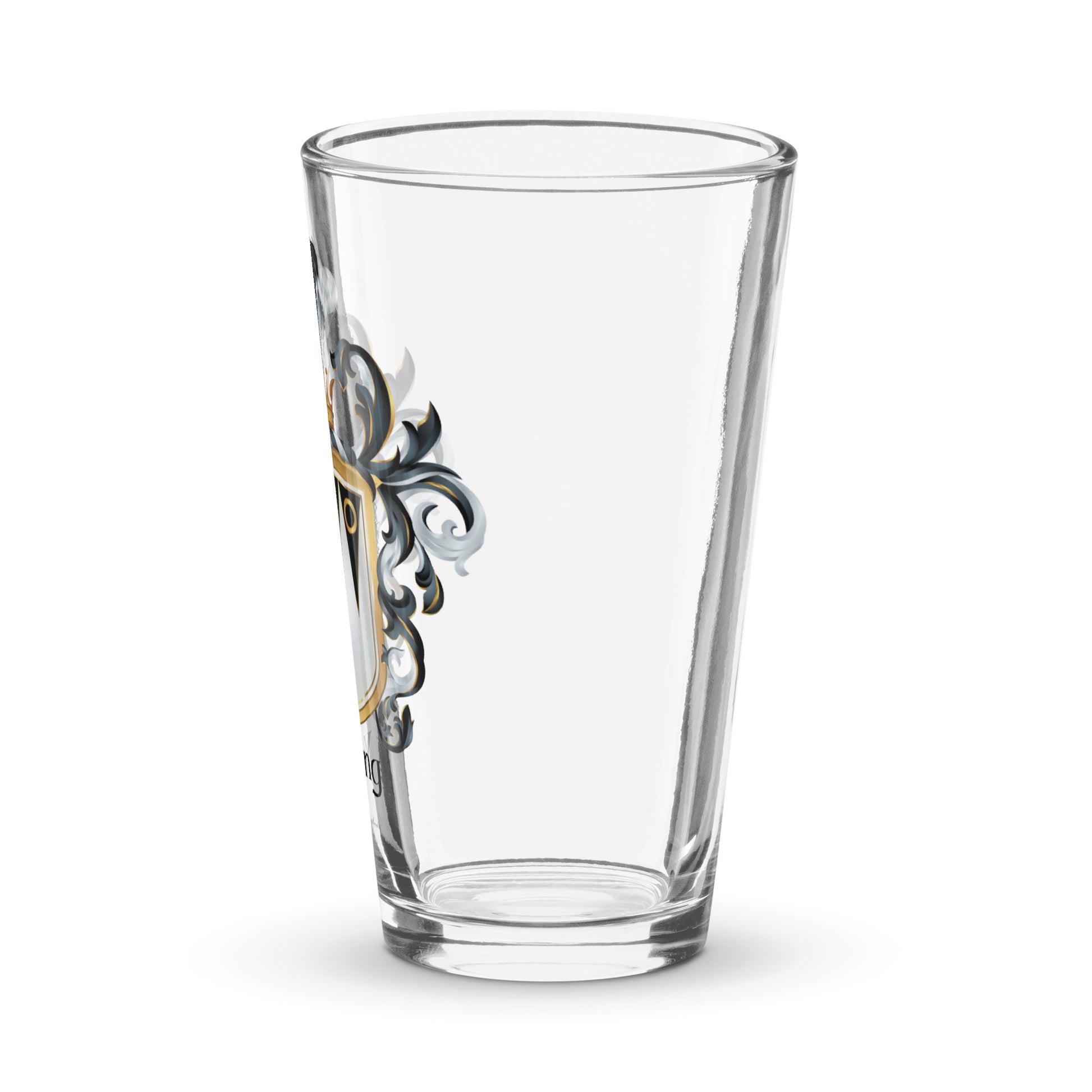 Clear pint glass featuring the Young family coat of arms with detailed heraldic mantling and gold accents.