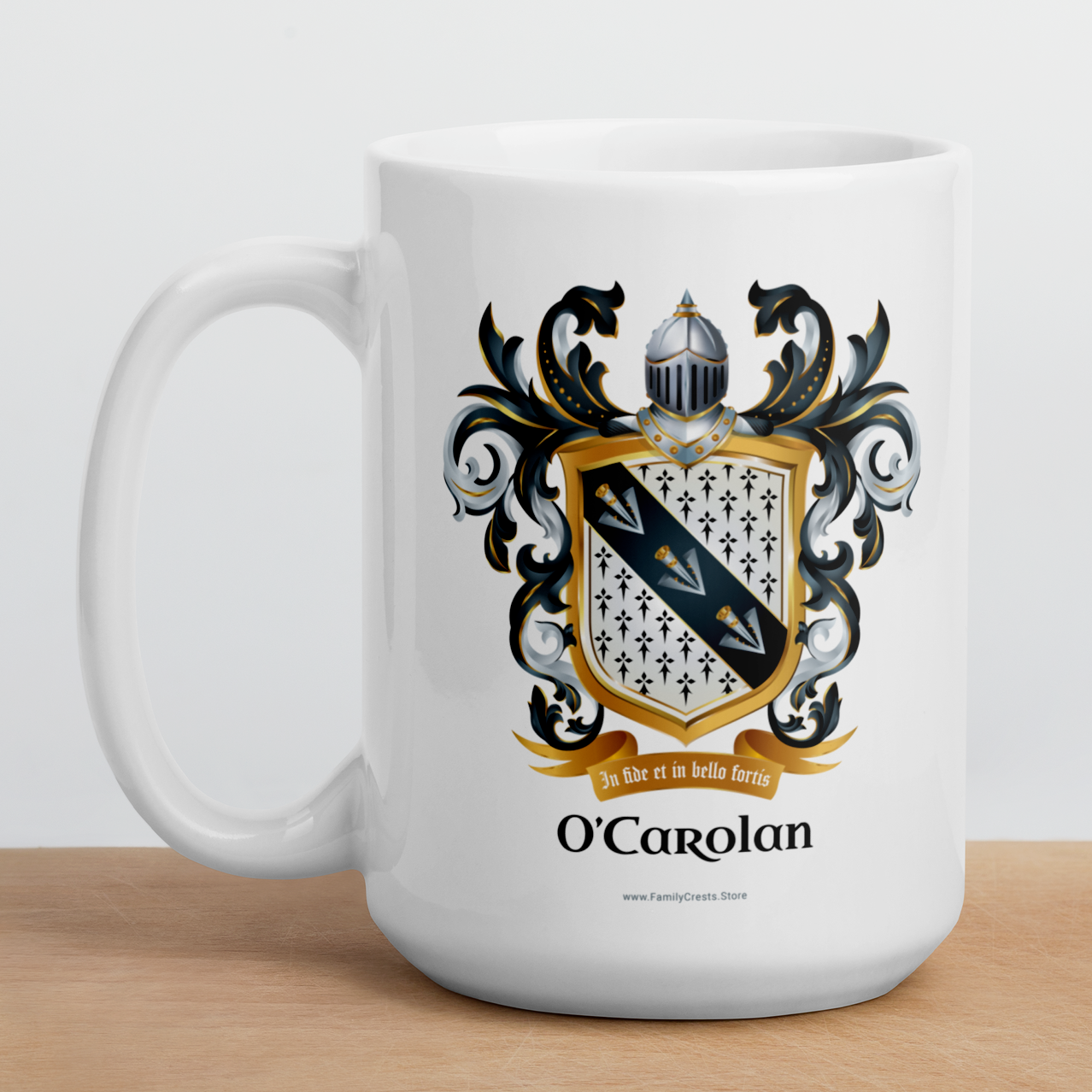 O'Carolan Family Crest mug — white ceramic with heraldic shield design