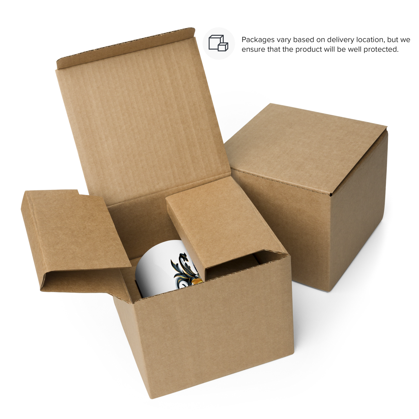 Brown cardboard box with a O'Carolan Family Crest mug inside — white ceramic with heraldic shield design  — on a white background