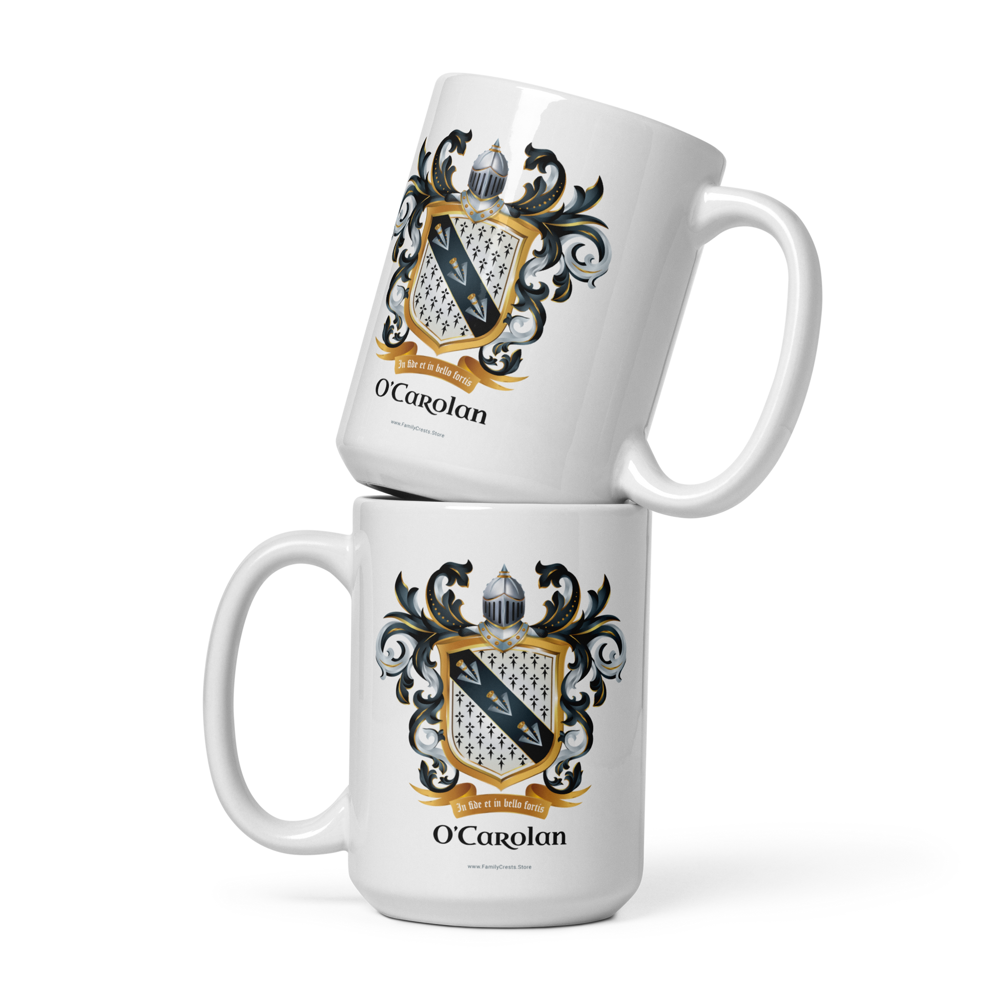 Two O'Carolan Family Crest mugs — white ceramic with heraldic shield design
