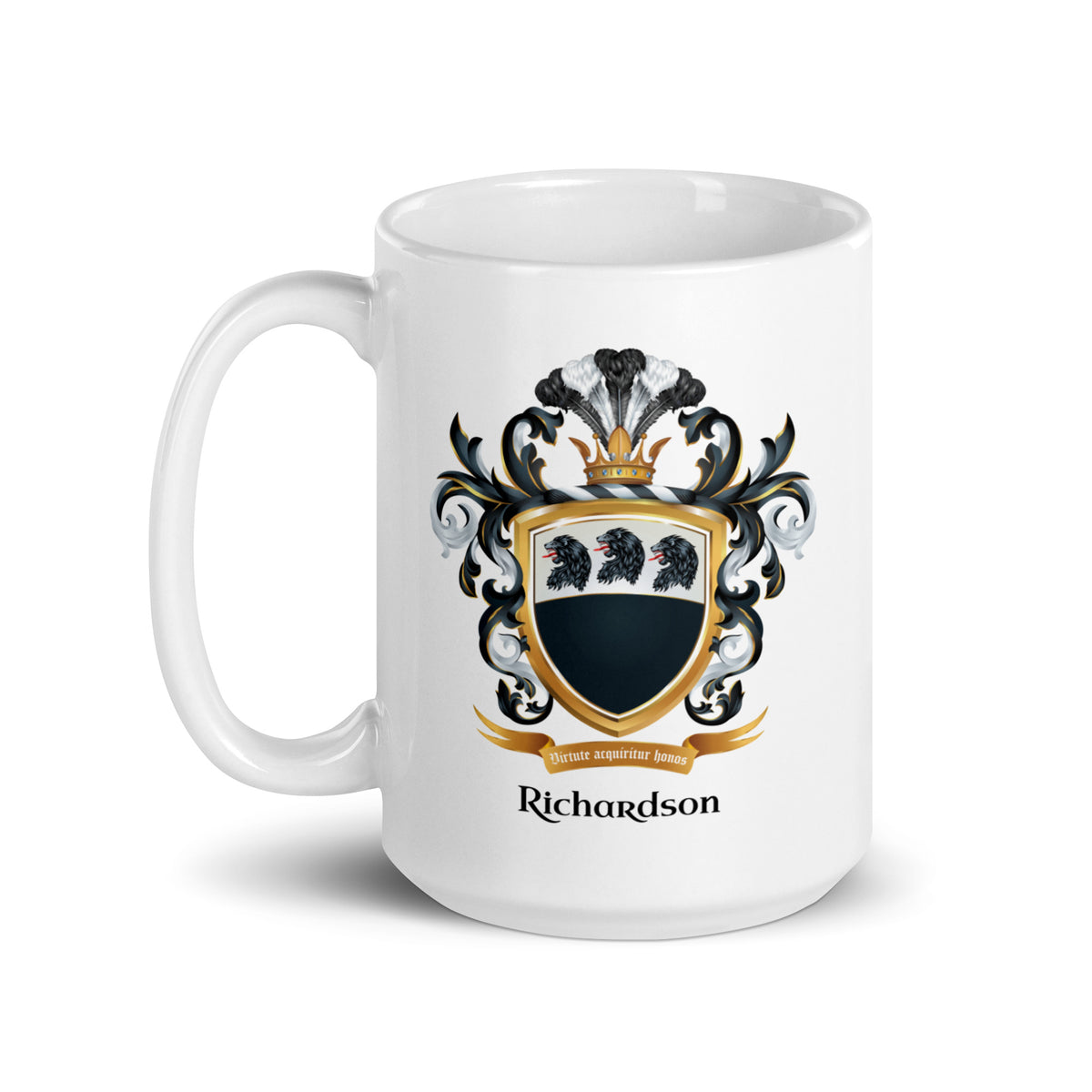 A white mug with handle to left, on a white background, printed with the Richardson Family Crest which features 3 lion heads on a split black and white shield.