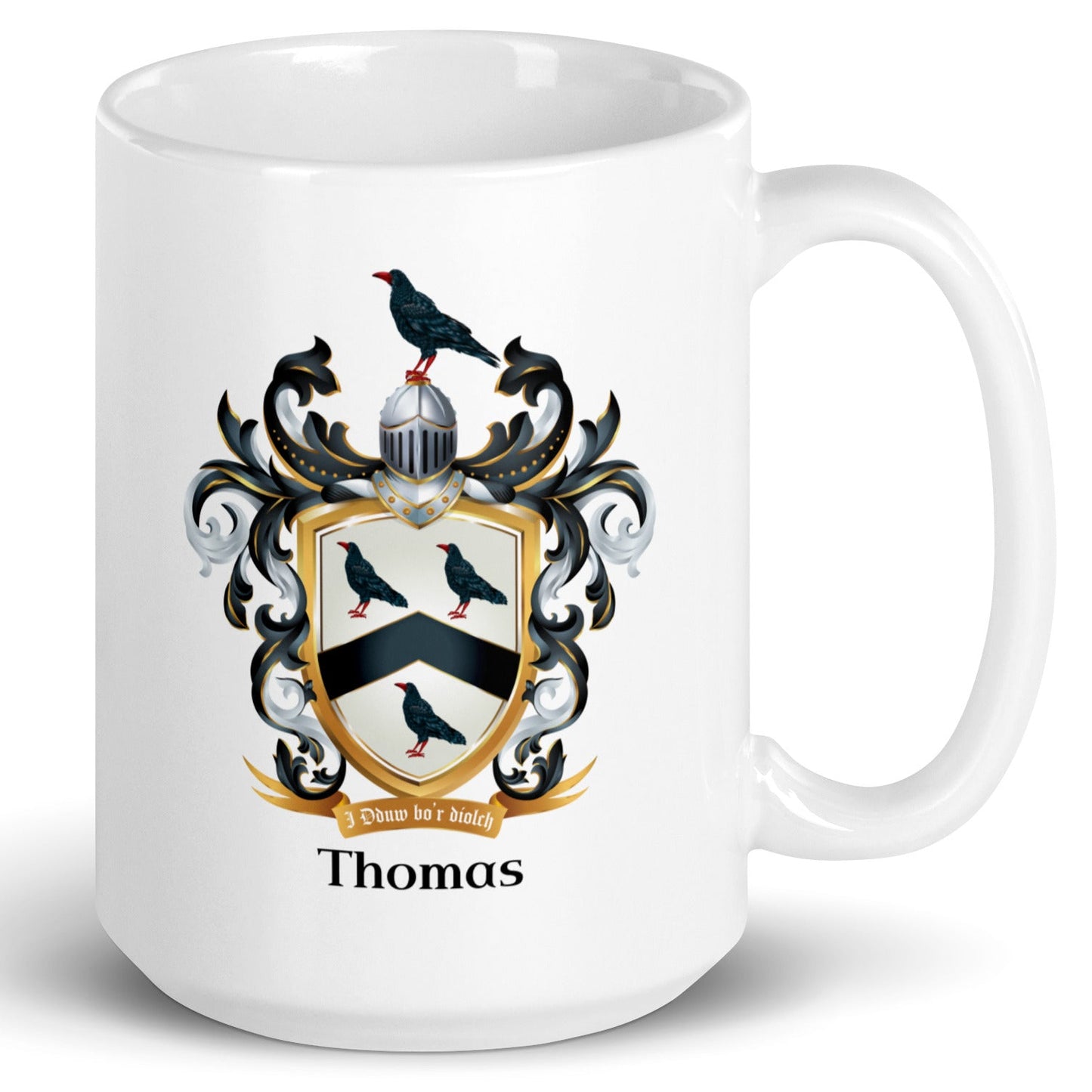 White mug with a Thomas family crest design and the name on a white background