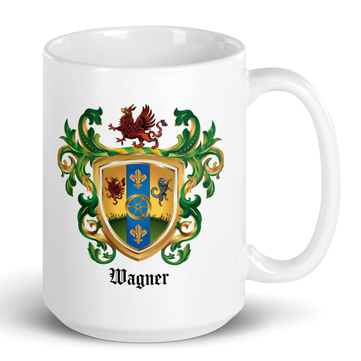 Wagner Family Crest mug featuring cartwheel and emblems on a white background