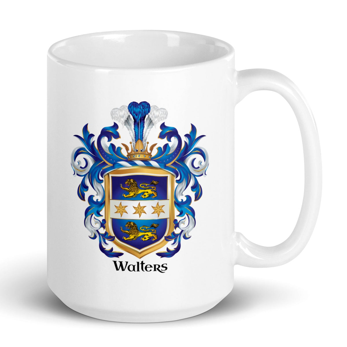  The Walters Family Crest on a white mug on a white background. The coat of arms has 2 gold lions and 3 gold stars
