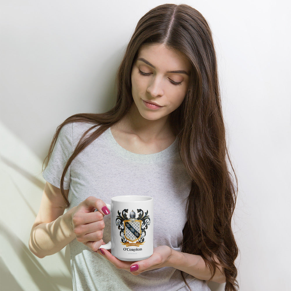 woman holding O'Carolan family crest mug